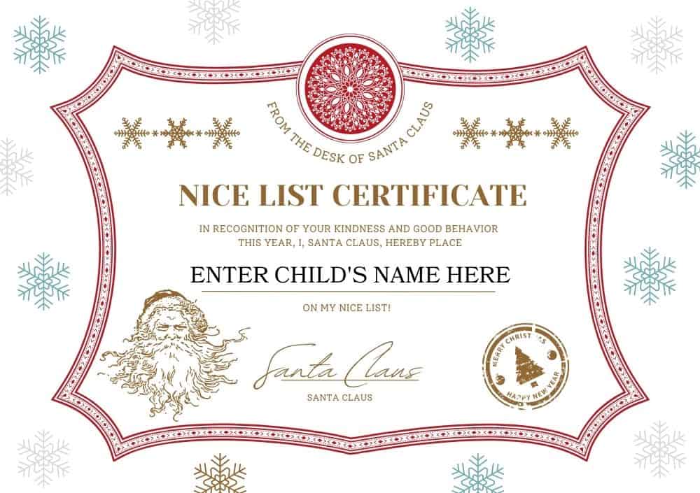 certificate of being nice from Santa