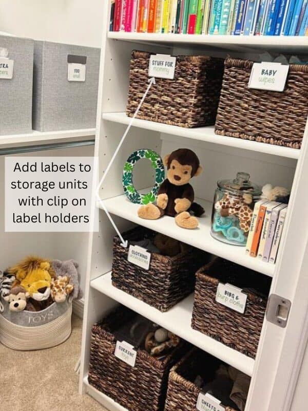 adding labels for storage bins for easier nursery closet organization