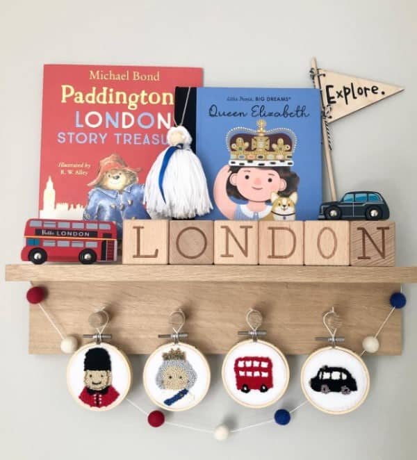 london themed nursery bookshelf