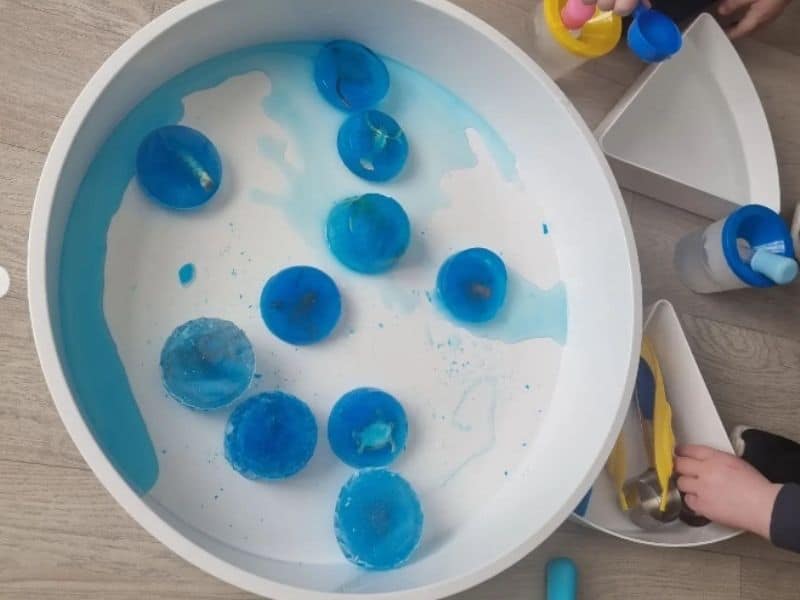 frozen animal ice cube sensory bin