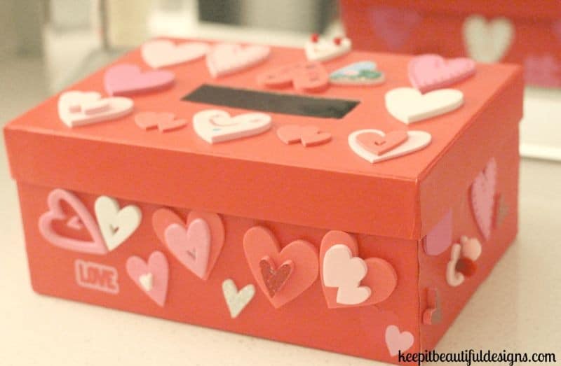 Easy Valentine’s Day Box Craft decorated with foam stickers, markers and more