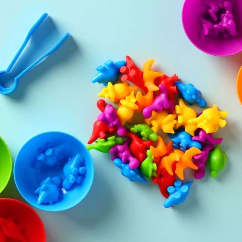 manipulating small toys with tweezers by color - fun fine motor indoor activity for toddlers