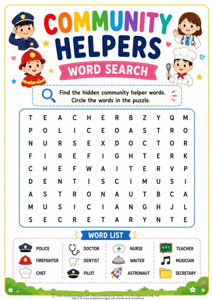 Community helpers word search free printable worksheet for kids