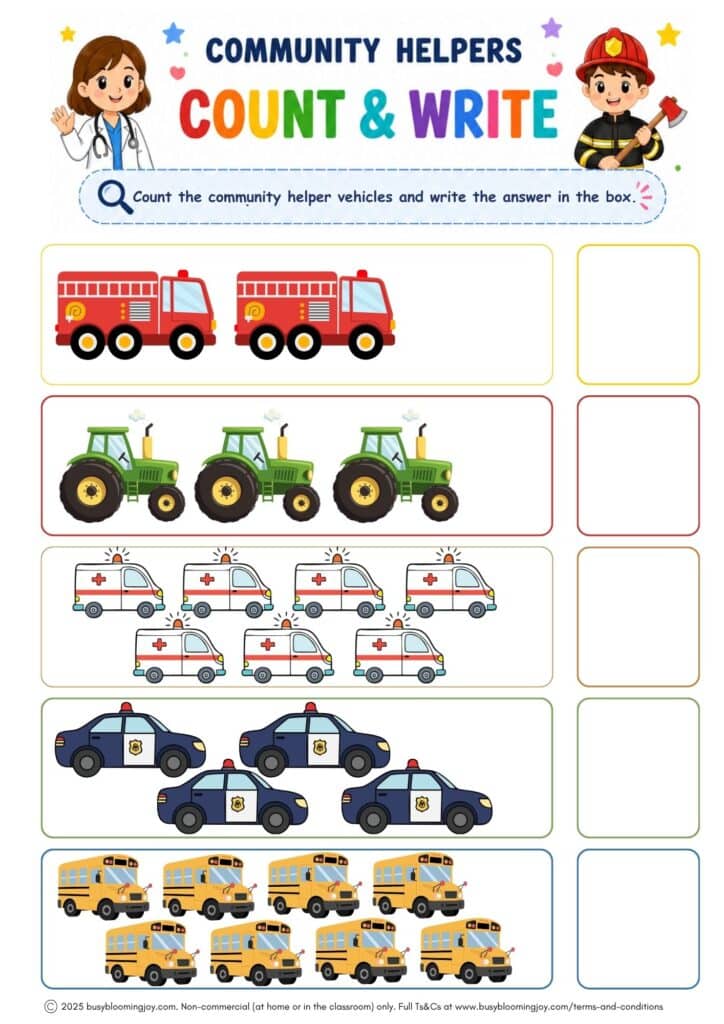 Community Helpers Count & Write free printbale